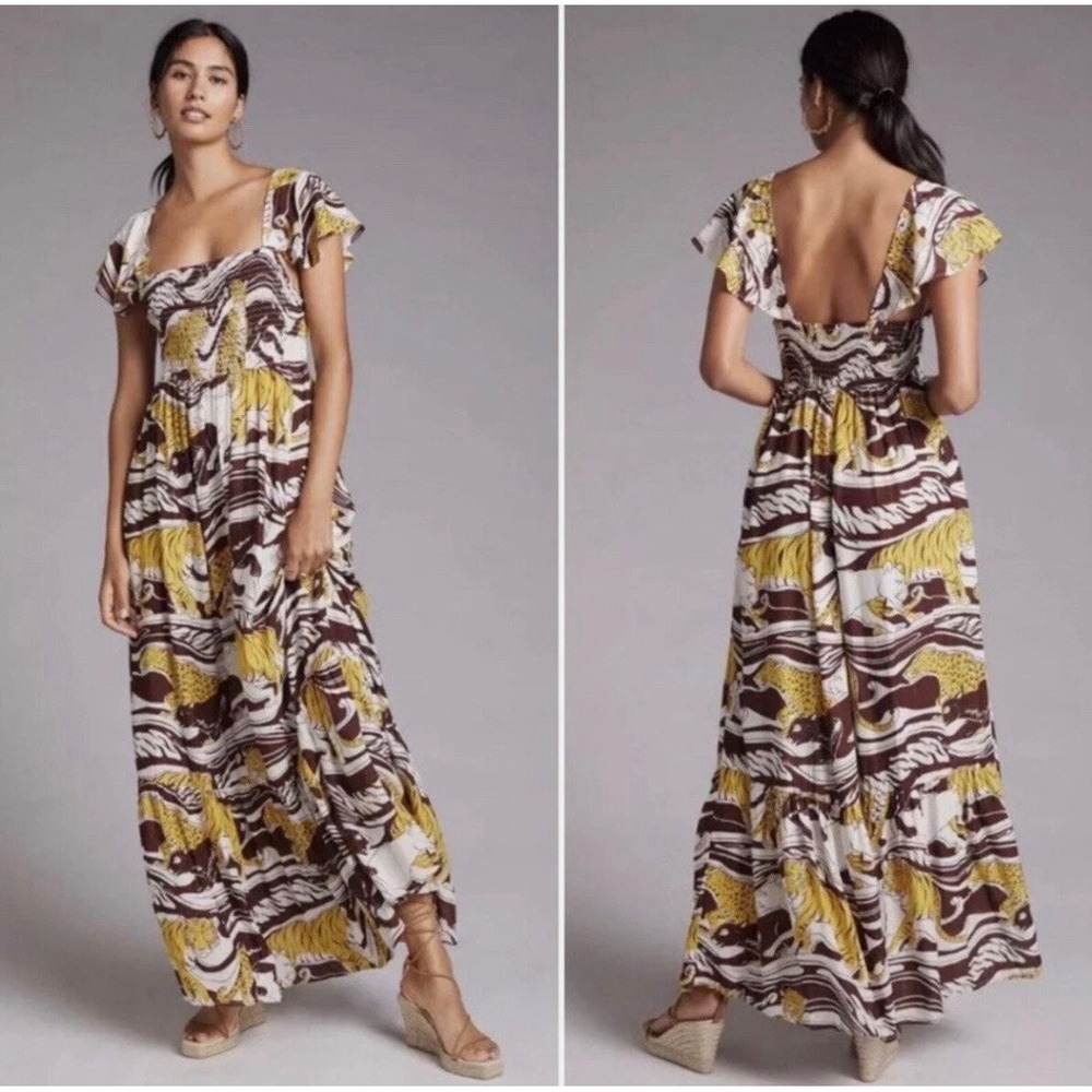 Anthropologie Tiger Leopard Print Smocked Maxi Dress Brown Yellow Modal Medium